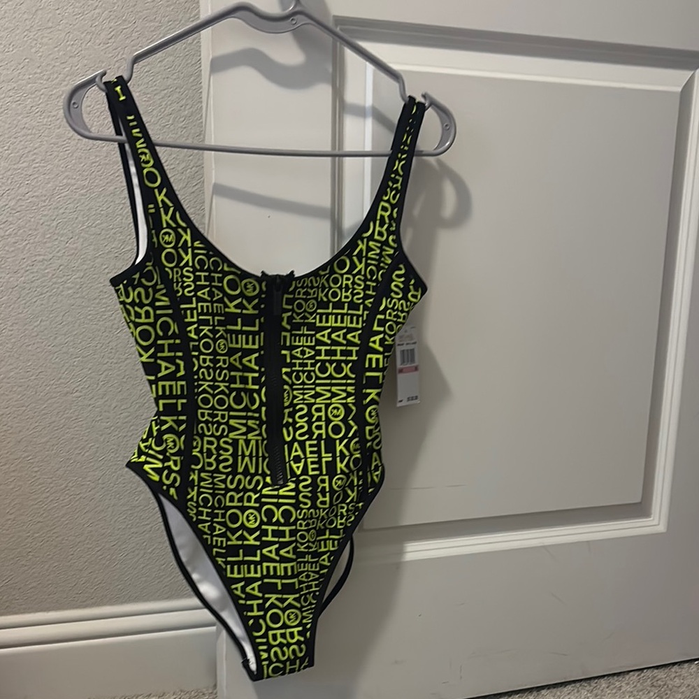 Michael Kors Black and Neon Yellow Logo Swimsuit